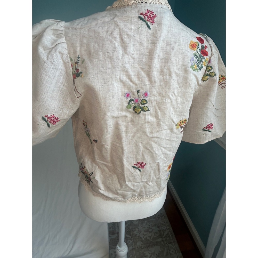 VICI Floral Embroidered Linen Blend Tie Front Lace Trim Top VC1416T Beige Small - Picture 8 of 8